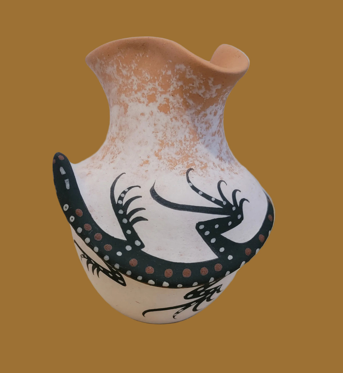 Zuni Fluted Rim Vase w/ Raised Frog and Gecko Pueblo Pottery