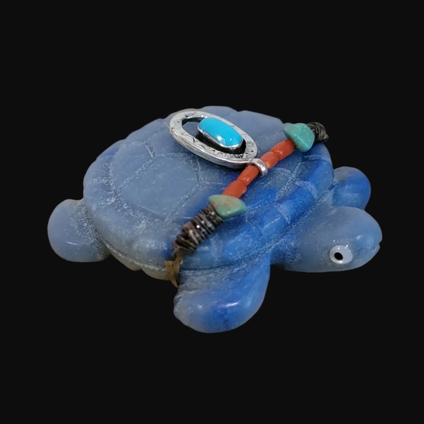 Adventurine Blue Tortoise w/Sterling and Turquoise Necklace Zuni Fetish