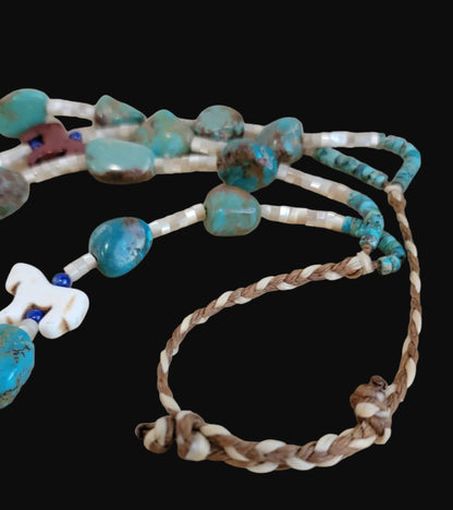 Old Pawn Double Strand Mother of Pearl Heishe w/Turquoise Stones, Carved Horses and Lapis Beads Indian Jewelry Necklace