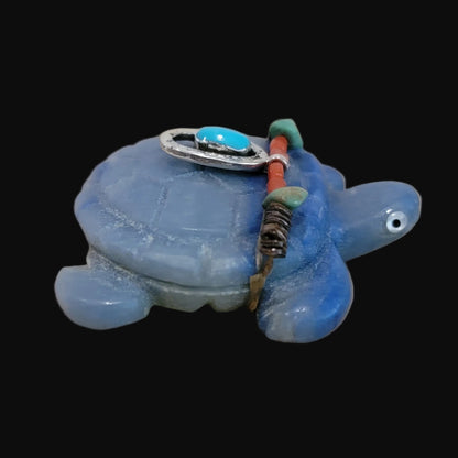 Adventurine Blue Tortoise w/Sterling and Turquoise Necklace Zuni Fetish