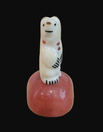 Miniature Adorned Antler Bear on Cherry Quartz Base Zuni Fetish