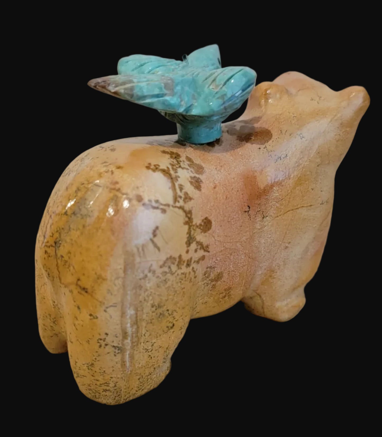 Travertine Bear w/ Hitchhiking Turquoise Bird Zuni Fetish