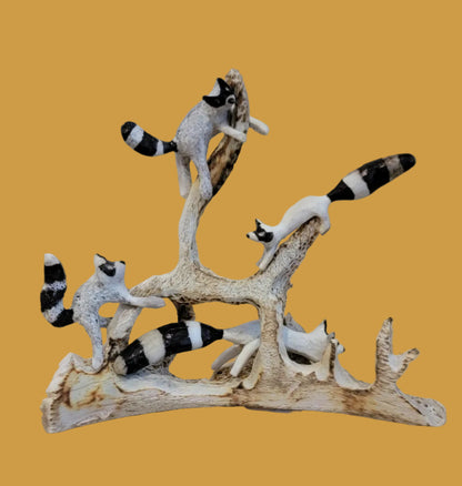 Playful Antler Raccoon Family Zuni Fetish