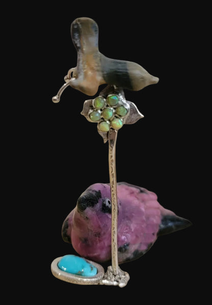 Beautiful Rhodonite Bird w/ Sterling and Turquoise Pond /Sterling w/ Coral Flower and Opal Honeycomb w/Bee Zuni Fetish