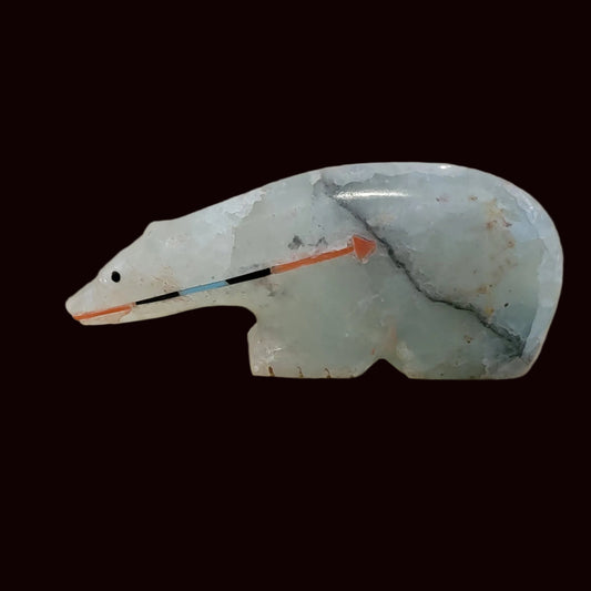 Fluorite Long Necked Bear w/Colorful Heartline Zuni Fetish