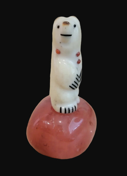 Miniature Adorned Antler Bear on Cherry Quartz Base Zuni Fetish