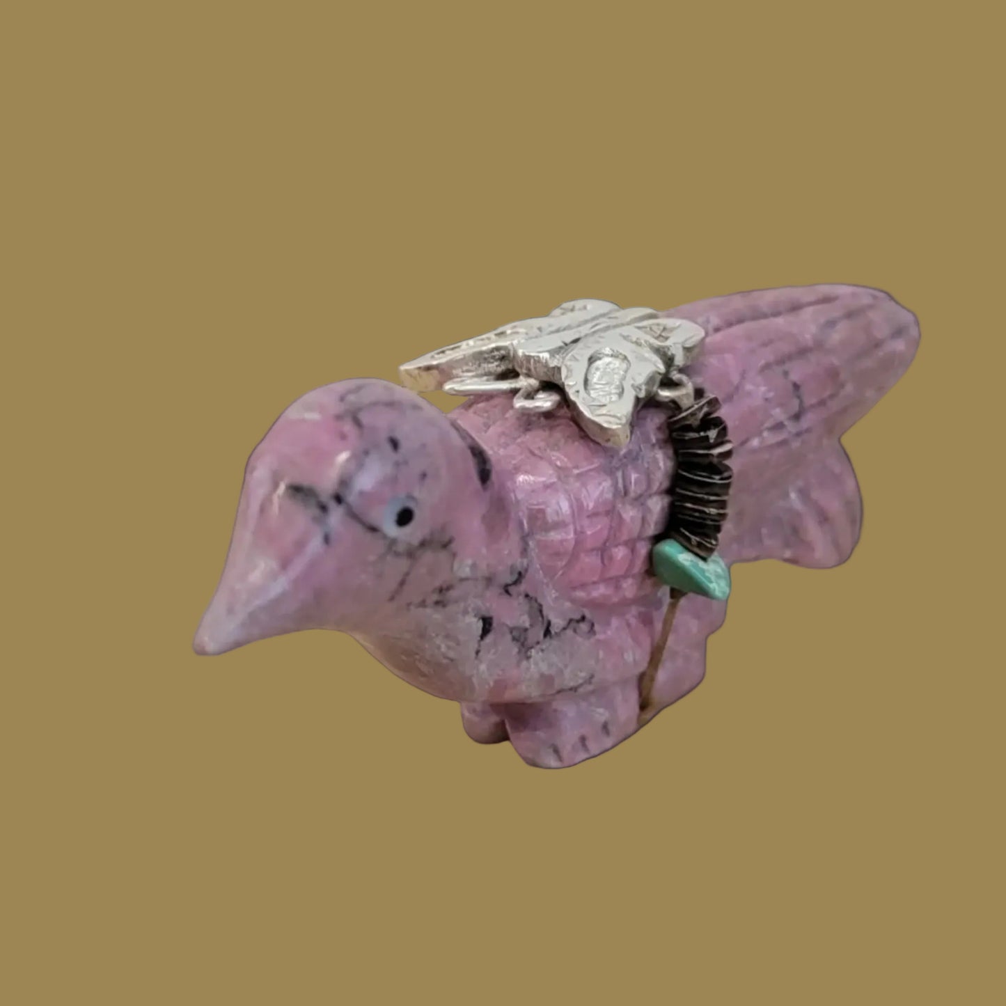 Beautiful Rhodonite Bird w/ Sterling Butterfly Zuni Fetish