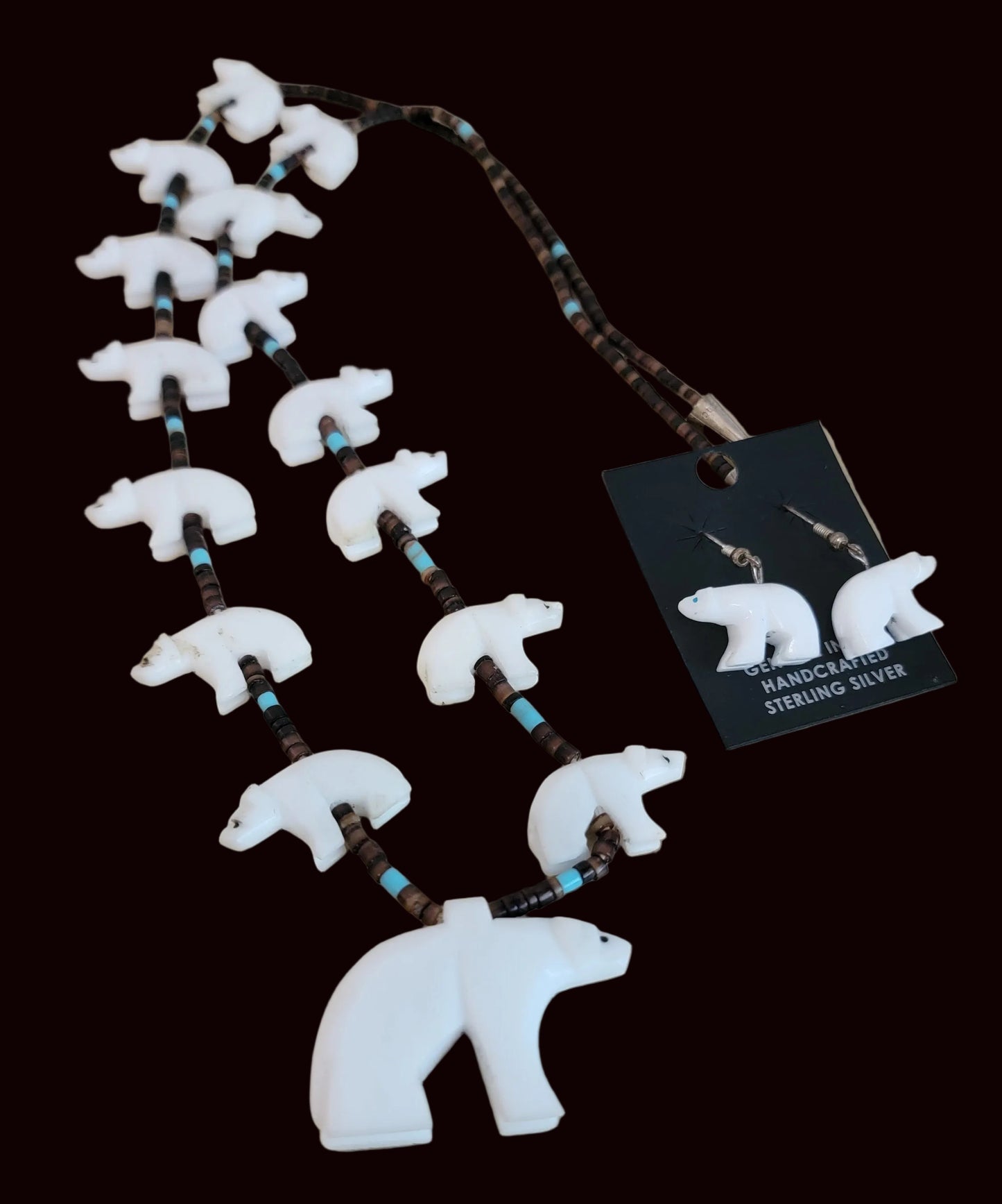 Old Pawn White Marble Bear Fetish Necklace and Earrings Set Indian Jewelry