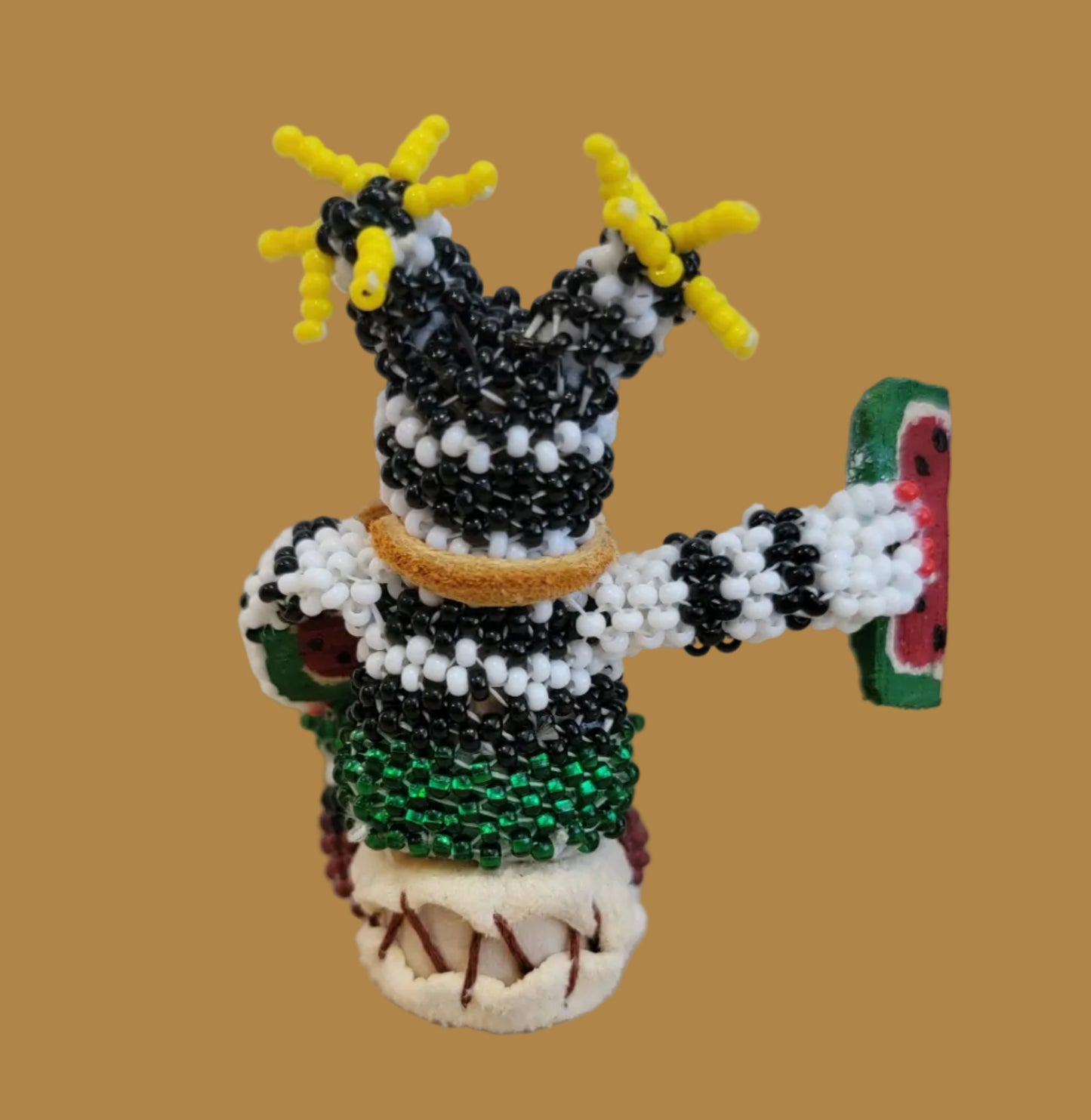 Beaded Zuni Hano Clown On Leather Drum Indian Beadwork