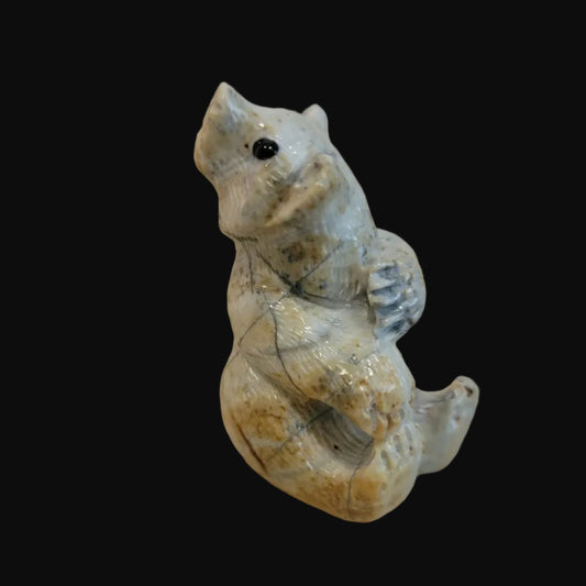 Adorable Picasso Marble Sitting Bear Cub Looking Backwards Zuni Fetish