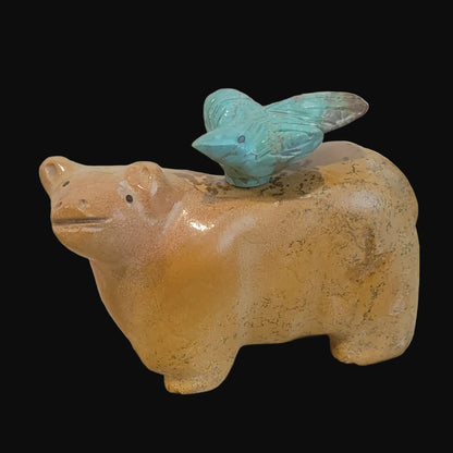 Travertine Bear w/ Hitchhiking Turquoise Bird Zuni Fetish