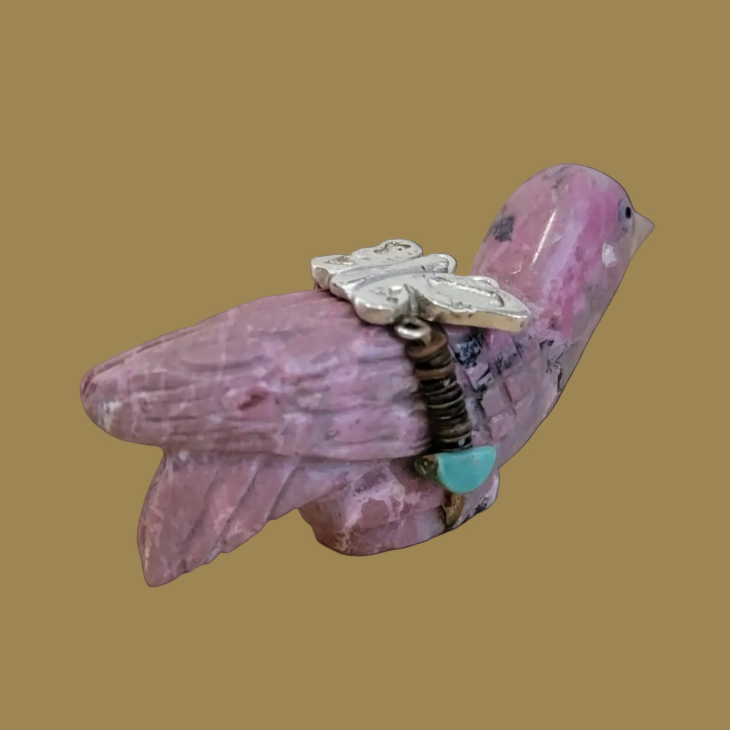 Beautiful Rhodonite Bird w/ Sterling Butterfly Zuni Fetish