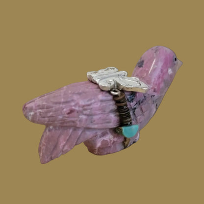 Beautiful Rhodonite Bird w/ Sterling Butterfly Zuni Fetish