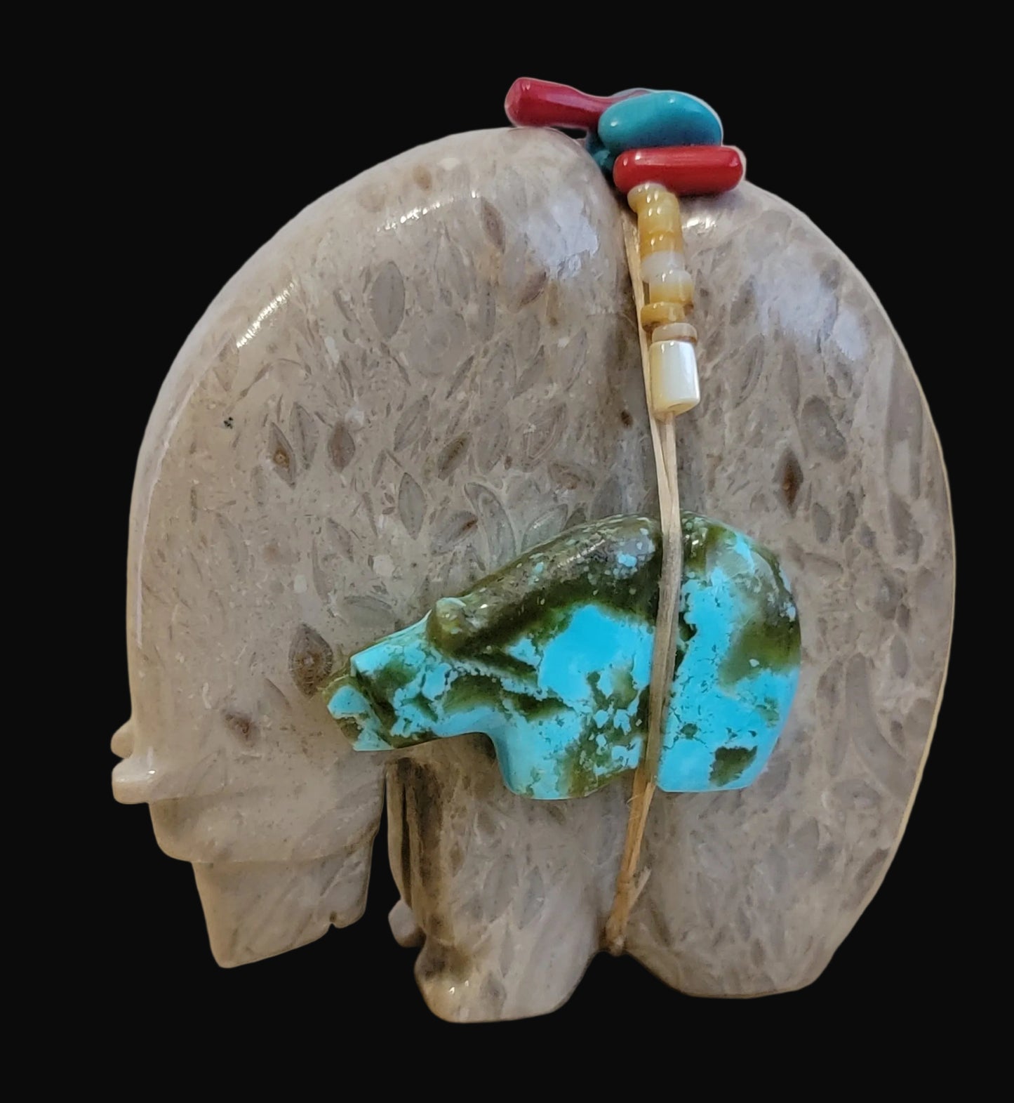 Fossil Shell Medine Bear w/ Turquoise Side Bear and Cool Bundle Zuni Fetish