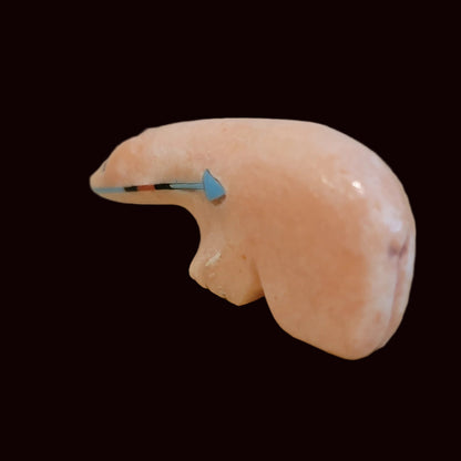 Orange Alabaster Long Necked Bear w/Multi Stone Heartline Zuni Fetish