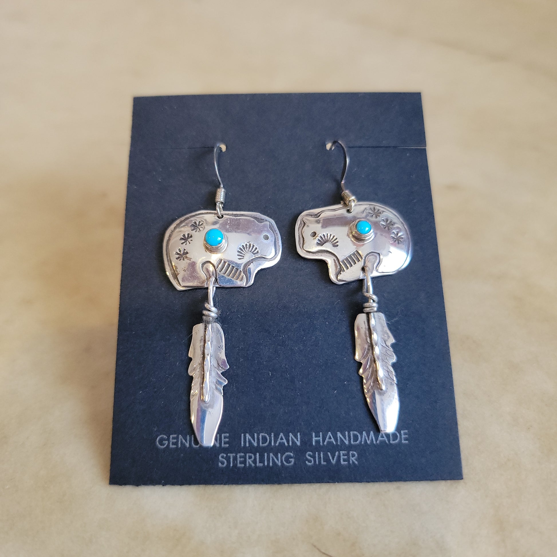 Navajo Sterling Silver Bear Fetish w/ Feather Earrings Jewelry