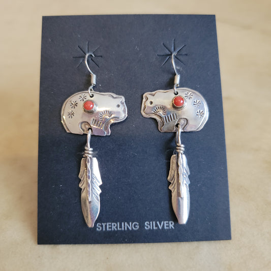 Navajo Sterling Silver Bear Fetish Earrings w/Coral Indian Jewelry