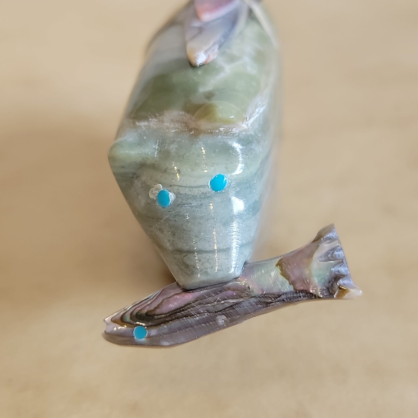 Delvin Leekya Serpentine Bear w/ Abalone Shell Fish Zuni Fetish