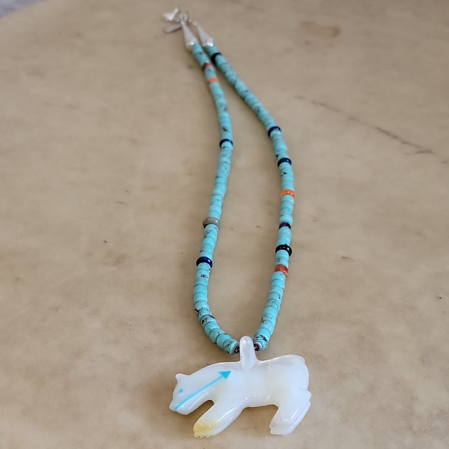 Andres Quandelacy Mother of Pearl Zuni Fetish Mountain Lion Necklace