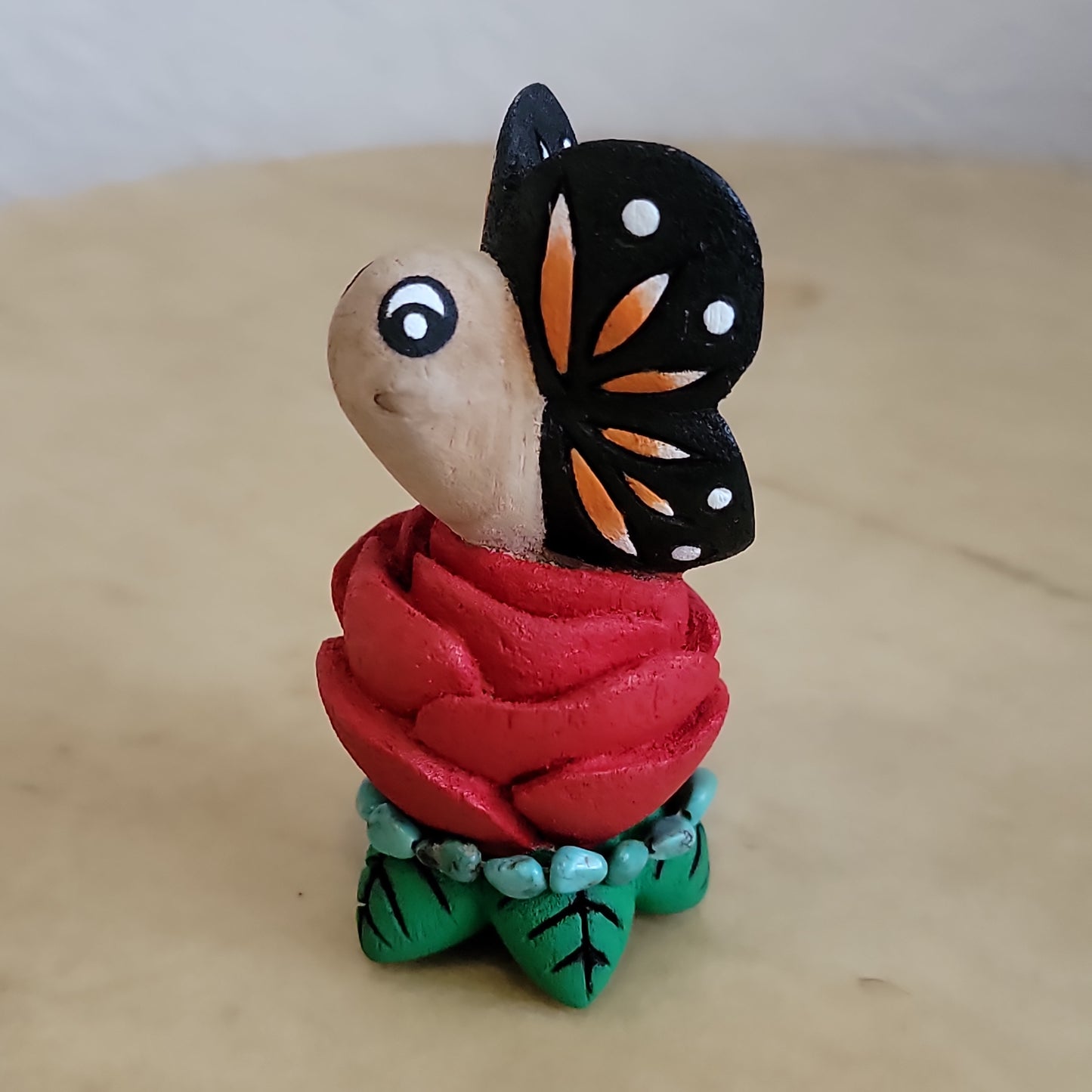 Elise Westika Cottonwood Root Handpainted Butterfly w/Rose Zuni Fetish/Folk Art