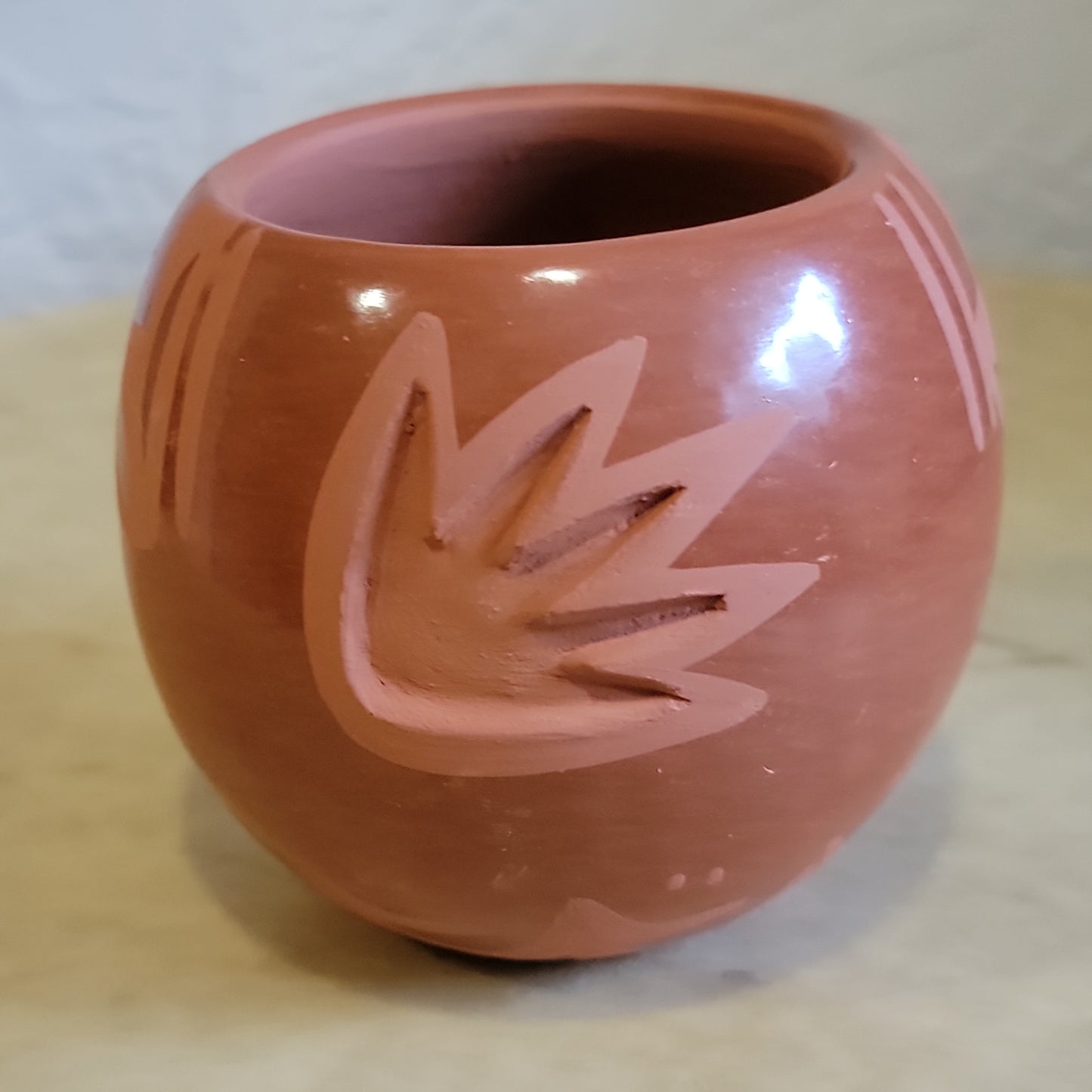 Birdell Vine Flower Bourdon Santa Clara Carved Redware Pueblo Pottery