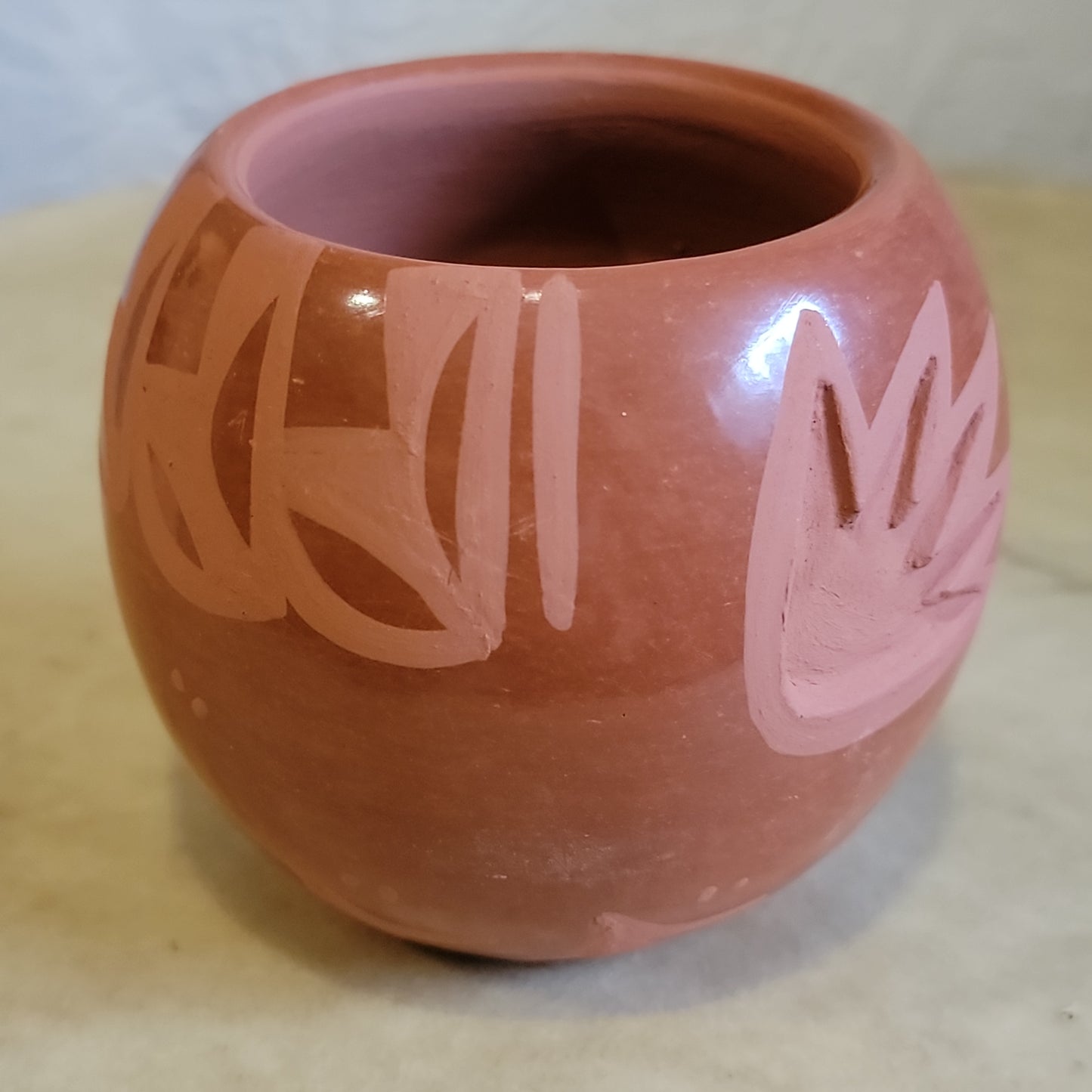 Birdell Vine Flower Bourdon Santa Clara Carved Redware Pueblo Pottery