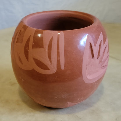 Birdell Vine Flower Bourdon Santa Clara Carved Redware Pueblo Pottery