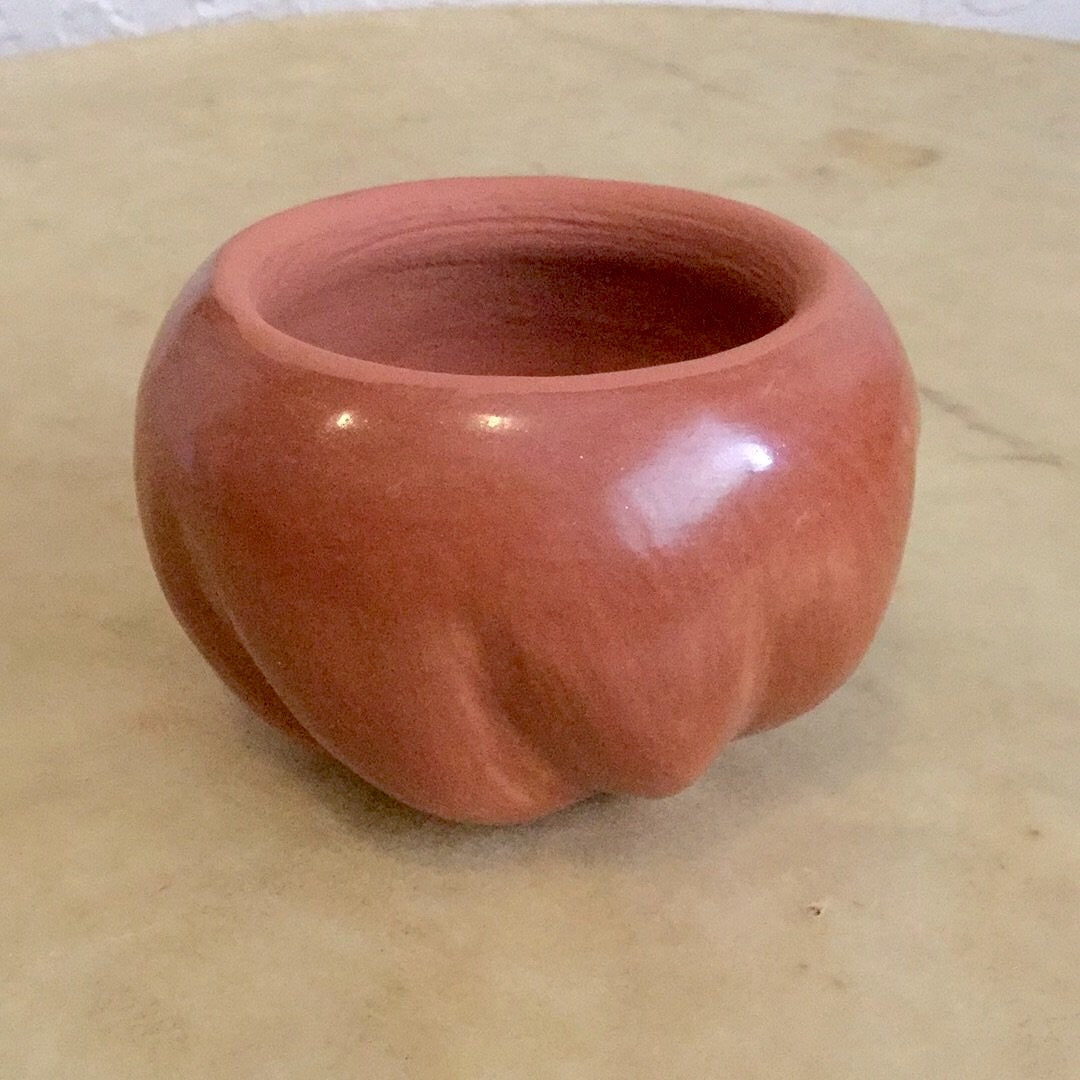Birdell "Vine Flower" Bourdon Santa Clara Redware  Miniature Melon Vase Pueblo Pottery